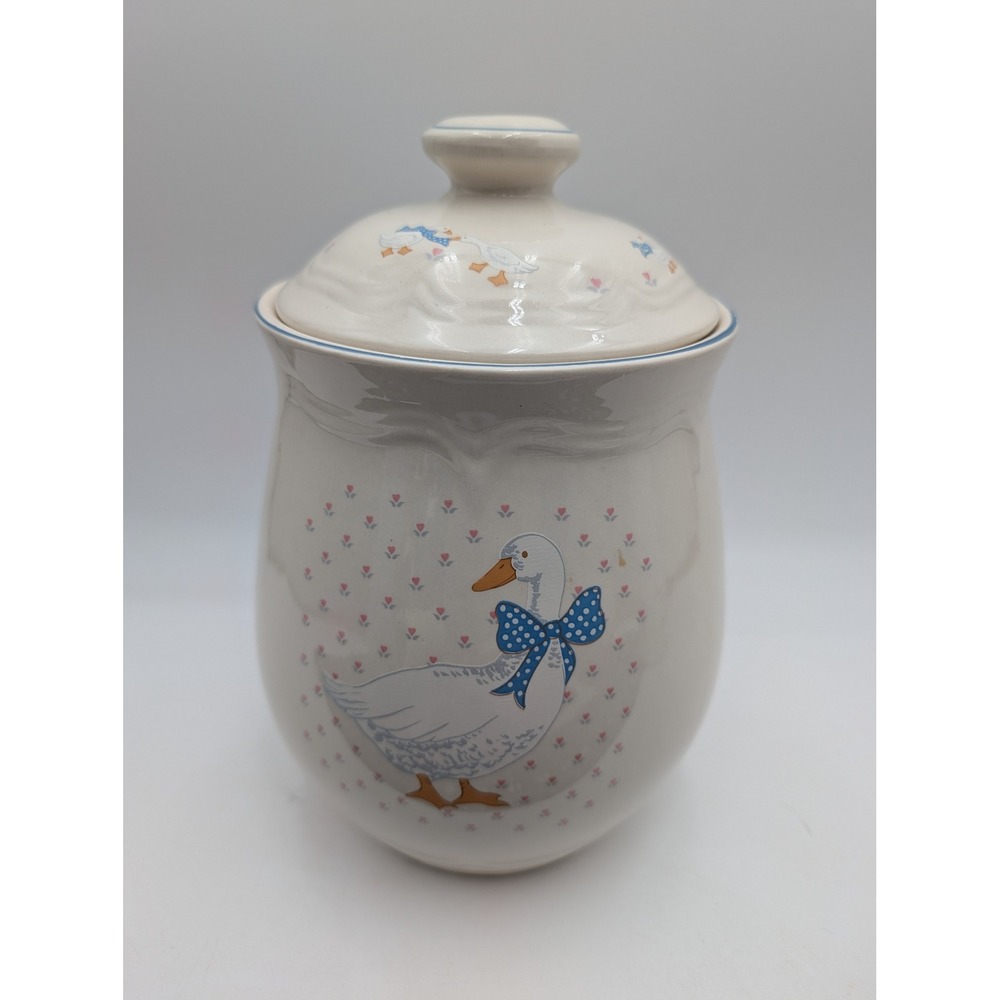 Tienshan Stoneware Canister Aunt Rhody Goose Cream Blue Pink Vintage Jar 9 in
